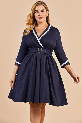 Marine blau Vintage Große Größen Wrap Kleid