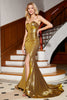 Laden Sie das Bild in den Galerie-Viewer, Meerjungfrau Herzausschnitt Goldenes Korsett Ballkleid mit Schlitz