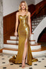 Laden Sie das Bild in den Galerie-Viewer, Meerjungfrau Herzausschnitt Goldenes Korsett Ballkleid mit Schlitz