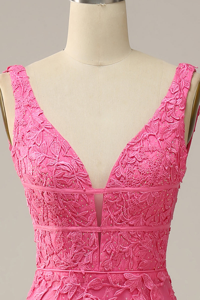 Laden Sie das Bild in den Galerie-Viewer, Meerjungfrau Tiefer V-Ausschnitt Pink Langes Ballkleid mit offenem Rücken