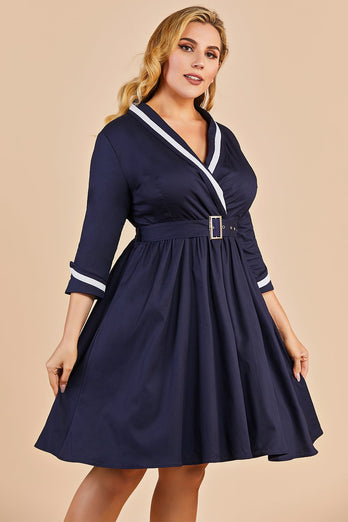 Marine blau Vintage Große Größen Wrap Kleid