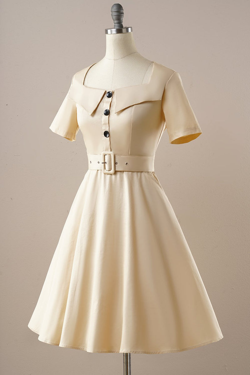 Laden Sie das Bild in den Galerie-Viewer, Vintage Aprikosen Eckiger Hals 1950er Jahre Kleid