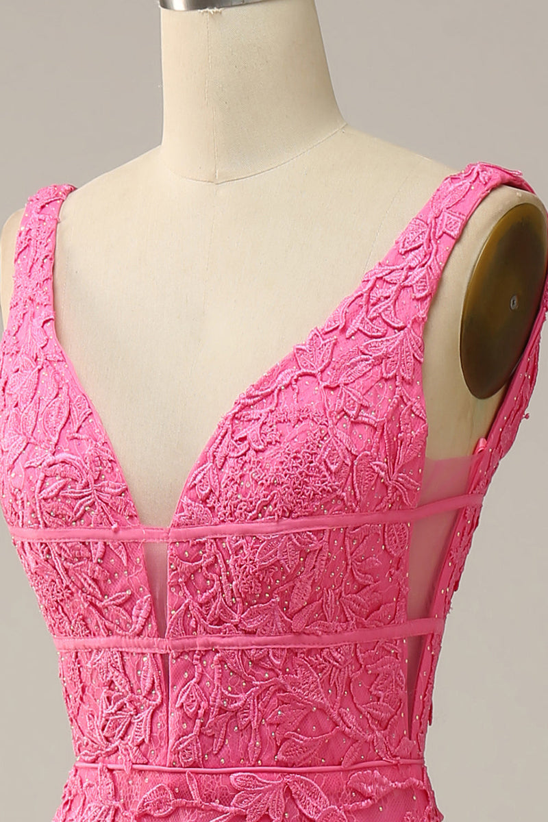 Laden Sie das Bild in den Galerie-Viewer, Meerjungfrau Tiefer V-Ausschnitt Pink Langes Ballkleid mit offenem Rücken