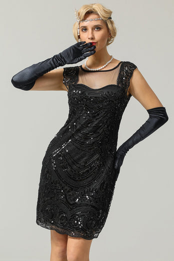 Schwarzes 1920er Jahre Pailletten Flapper Kleid