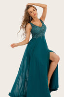Laden Sie das Bild in den Galerie-Viewer, Blau Chiffon Langes Ballkleid mit Strass