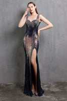 Laden Sie das Bild in den Galerie-Viewer, Gold Meerjungfrau Pailletten V Hals Ballkleid