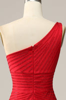 Laden Sie das Bild in den Galerie-Viewer, Meerjungfrau Eine Schulter Rotes langes Ballkleid mit Perlen