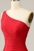 Laden Sie das Bild in den Galerie-Viewer, Meerjungfrau Eine Schulter Rotes langes Ballkleid mit Perlen