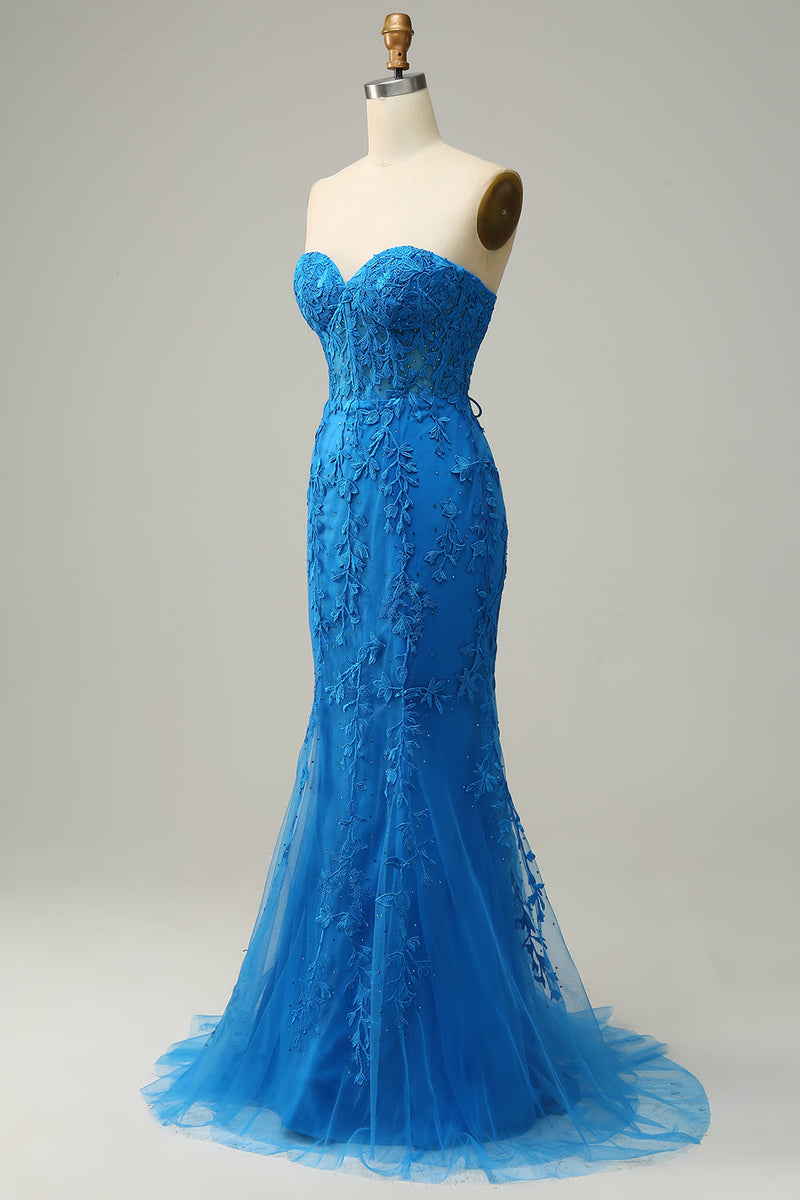 Laden Sie das Bild in den Galerie-Viewer, Meerjungfrau Herzausschnitt Königsblau Langes Ballkleid mit Schnürung