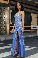 Laden Sie das Bild in den Galerie-Viewer, Trendiges Meerjungfrau V-Ausschnitt Hellblaues langes Ballkleid mit Applikationen und Schlitz