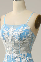 Laden Sie das Bild in den Galerie-Viewer, Meerjungfrau Spaghettiträger Blaues langes Ballkleid mit Applikationen