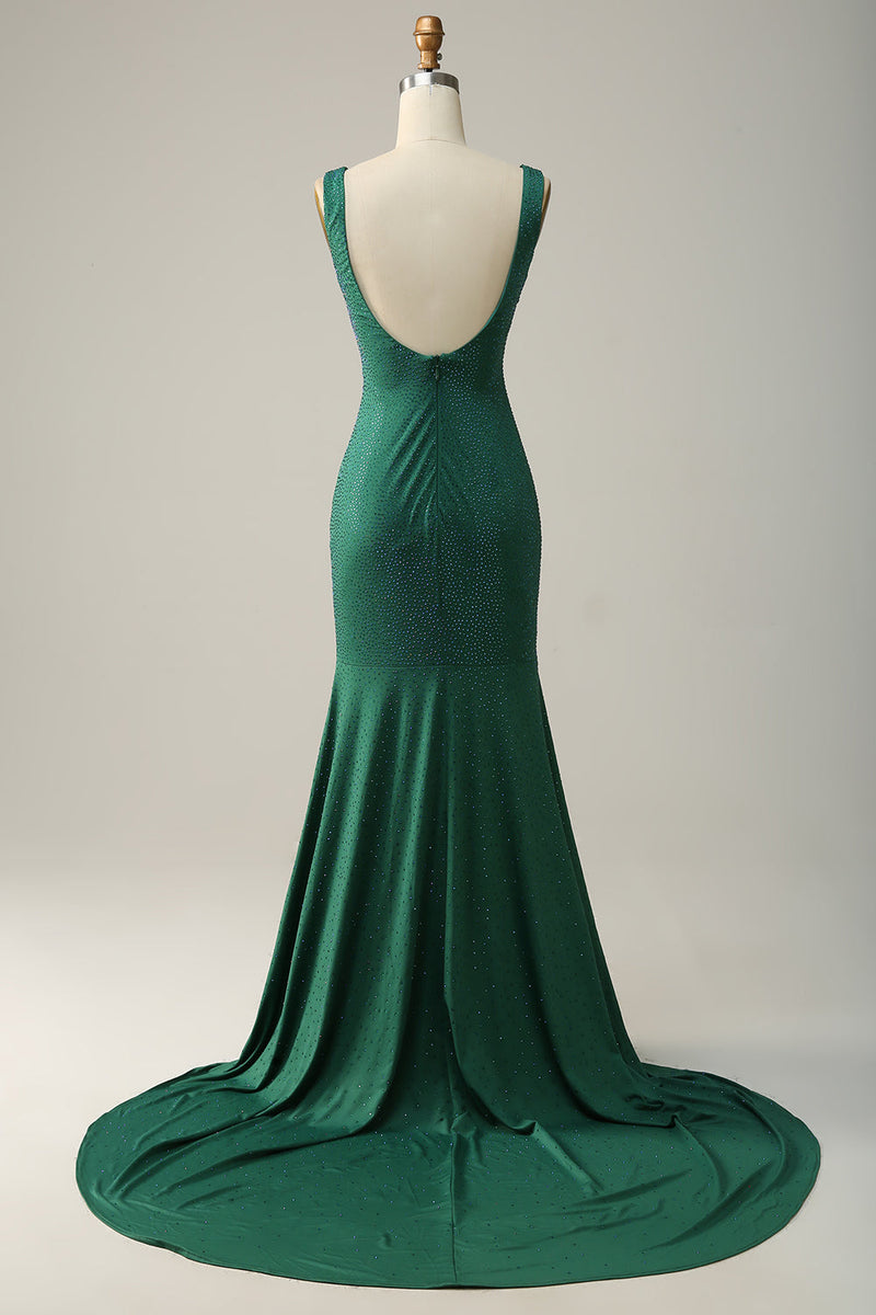 Laden Sie das Bild in den Galerie-Viewer, Meerjungfrau V Ausschnitt Grünes Langes Ballkleid mit Perlstickerei