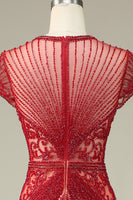 Laden Sie das Bild in den Galerie-Viewer, Meerjungfrauen Juwelen Hals burgunderrotes Ballkleid mit Perlen