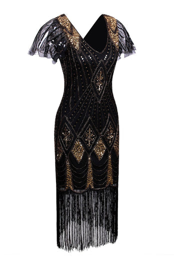 Schwarz und Gold Flapper 1920er Pailletten Kleid