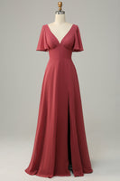 Laden Sie das Bild in den Galerie-Viewer, V-Ausschnitt kurze Ärmel offener Rücken Brautjungfernkleid