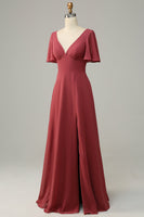 Laden Sie das Bild in den Galerie-Viewer, V-Ausschnitt kurze Ärmel offener Rücken Brautjungfernkleid