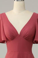 Laden Sie das Bild in den Galerie-Viewer, V-Ausschnitt kurze Ärmel offener Rücken Brautjungfernkleid