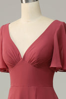 Laden Sie das Bild in den Galerie-Viewer, V-Ausschnitt kurze Ärmel offener Rücken Brautjungfernkleid