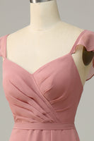 Laden Sie das Bild in den Galerie-Viewer, Dusty Rose A Linie Rüschen langes Brautjungfernkleid mit Schlitz