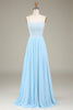 Laden Sie das Bild in den Galerie-Viewer, Himmelblaues A-Linie Spaghettiträger Chiffon langes Brautjungfernkleid mit Perlenbesatz
