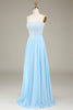 Laden Sie das Bild in den Galerie-Viewer, Himmelblaues A-Linie Spaghettiträger Chiffon langes Brautjungfernkleid mit Perlenbesatz