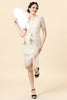 Laden Sie das Bild in den Galerie-Viewer, Champagner Pailletten Fransen Flapper Kleid mit 20er Jahre Accessoires Set