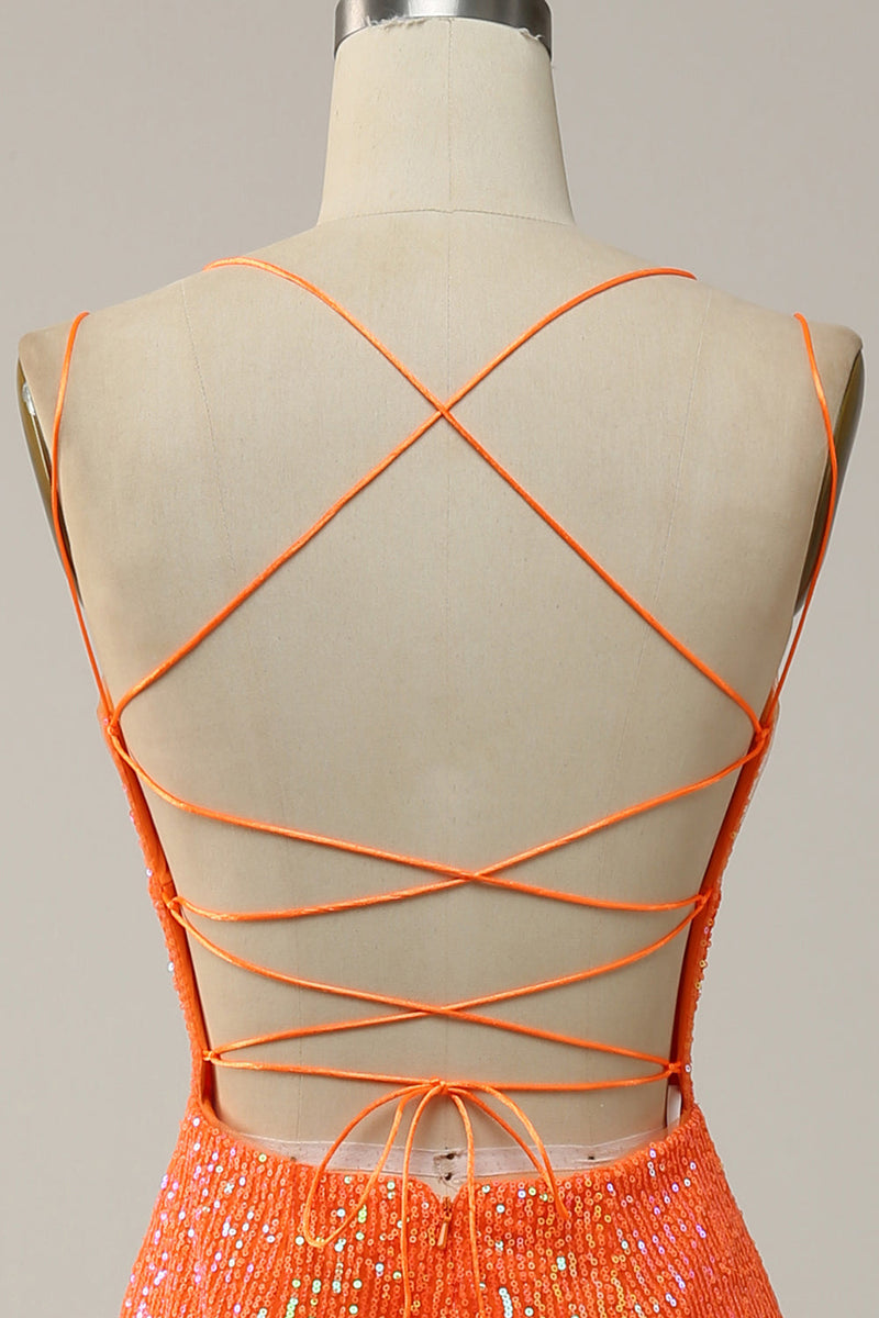 Laden Sie das Bild in den Galerie-Viewer, Meerjungfrau Spaghettiträger Orange Pailletten Ballkleid mit Schlitz
