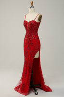 Laden Sie das Bild in den Galerie-Viewer, Meerjungfrau Spaghettiträger Königsblau Pailletten Langes Ballkleid mit Schlitz