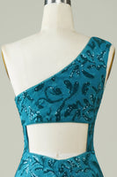 Laden Sie das Bild in den Galerie-Viewer, Blaues Eine Schulter Etui Abiballkleid mit ausgehöhltem Rücken