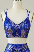 Laden Sie das Bild in den Galerie-Viewer, Königsblaues zweiteiliges glitzerndes enges Abiballkleid