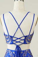 Laden Sie das Bild in den Galerie-Viewer, Königsblaues zweiteiliges glitzerndes enges Abiballkleid