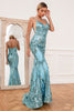 Laden Sie das Bild in den Galerie-Viewer, Blaues Meerjungfrau Pailletten Langes Ballkleid