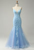 Laden Sie das Bild in den Galerie-Viewer, Spaghettiträger Meerjungfrau blaues langes Ballkleid mit Applikationen