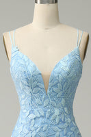 Laden Sie das Bild in den Galerie-Viewer, Spaghettiträger Meerjungfrau blaues langes Ballkleid mit Applikationen