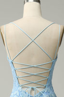 Laden Sie das Bild in den Galerie-Viewer, Spaghettiträger Meerjungfrau blaues langes Ballkleid mit Applikationen