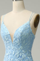 Laden Sie das Bild in den Galerie-Viewer, Spaghettiträger Meerjungfrau blaues langes Ballkleid mit Applikationen
