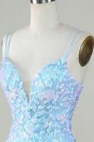 Laden Sie das Bild in den Galerie-Viewer, Glitzerndes hellblaues Abiballkleid mit Schnürung am Rücken