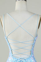 Laden Sie das Bild in den Galerie-Viewer, Glitzerndes hellblaues Abiballkleid mit Schnürung am Rücken