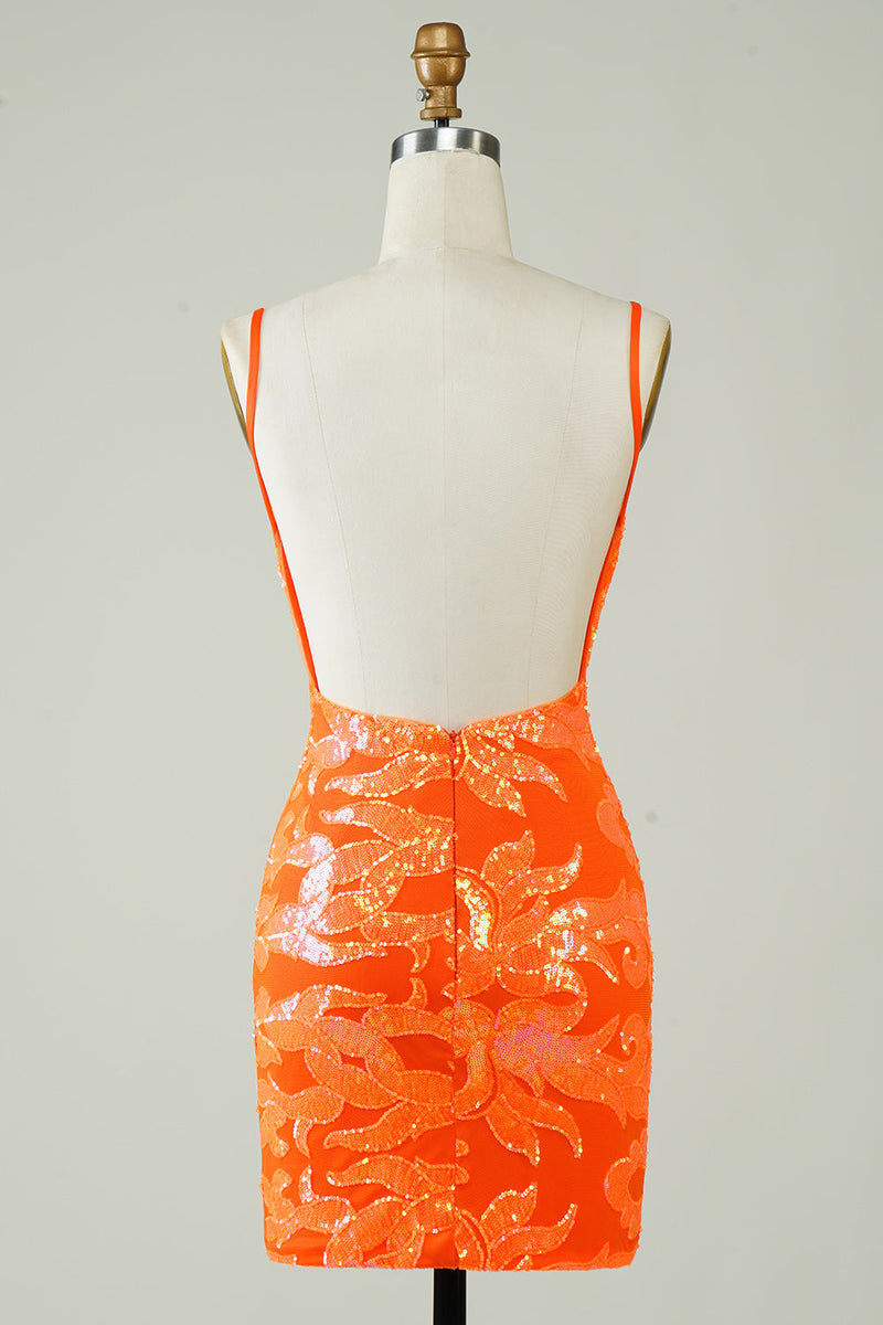 Laden Sie das Bild in den Galerie-Viewer, Orange glitzerndes enges Cocktailkleid mit rückenfreiem Rücken
