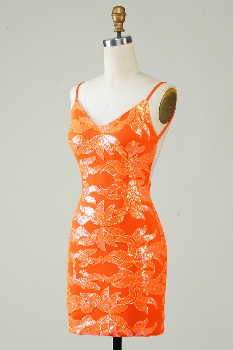 Laden Sie das Bild in den Galerie-Viewer, Orange glitzerndes enges Cocktailkleid mit rückenfreiem Rücken