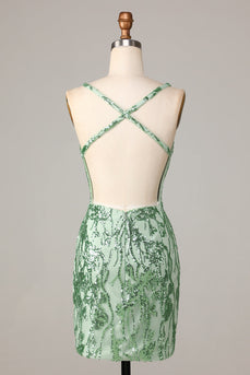 Sheath V-Ausschnitt Grün Pailletten Kurzes Abiballkleid mit rückenfreiem Rücken