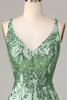 Laden Sie das Bild in den Galerie-Viewer, Sheath V-Ausschnitt Grün Pailletten Kurzes Abiballkleid mit rückenfreiem Rücken