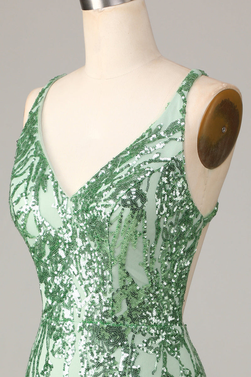 Laden Sie das Bild in den Galerie-Viewer, Sheath V-Ausschnitt Grün Pailletten Kurzes Abiballkleid mit rückenfreiem Rücken