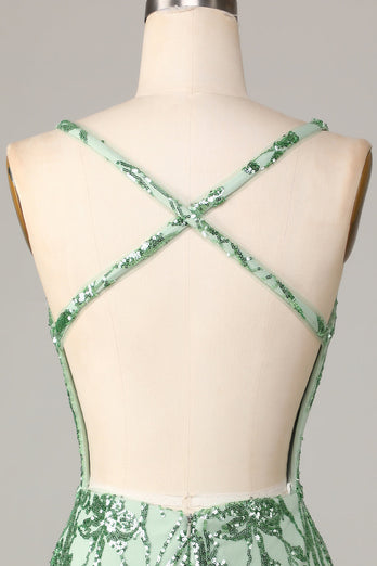 Sheath V-Ausschnitt Grün Pailletten Kurzes Abiballkleid mit rückenfreiem Rücken