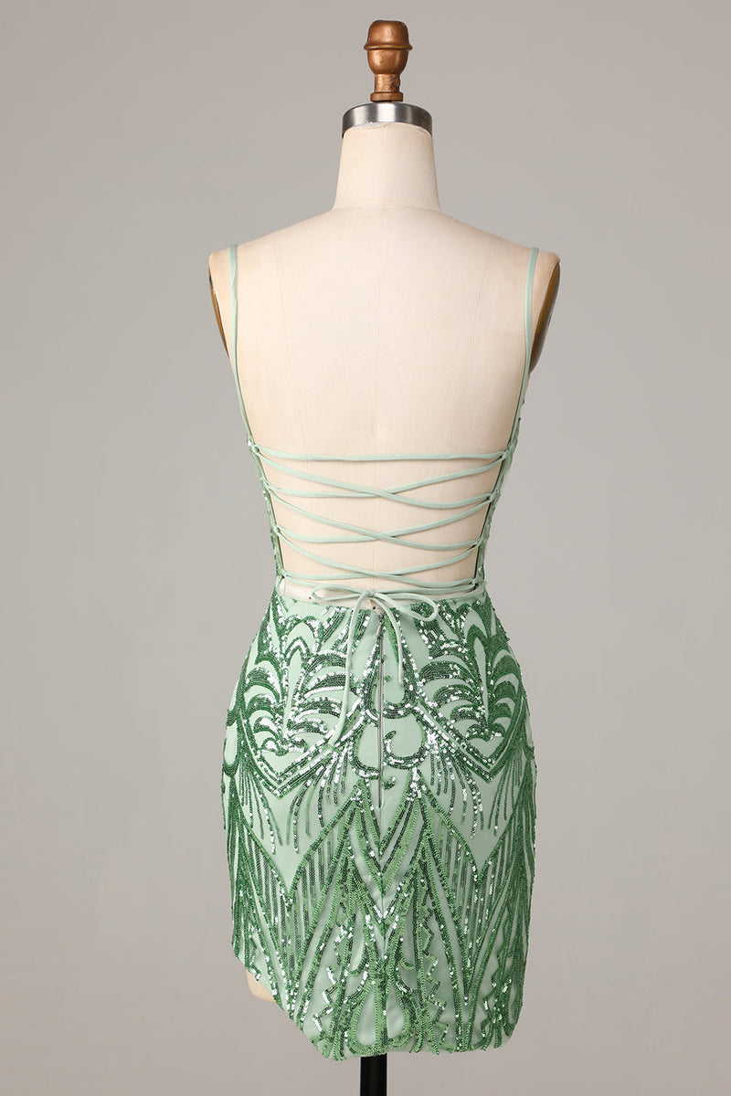 Laden Sie das Bild in den Galerie-Viewer, Bodycon Spaghettiträger Grüne Pailletten Kurzes Cocktailkleid