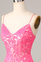 Laden Sie das Bild in den Galerie-Viewer, Bodycon Spaghettiträger Fuchsia Pailletten Cocktailkleid