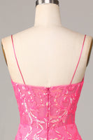 Laden Sie das Bild in den Galerie-Viewer, Bodycon Spaghettiträger Fuchsia Pailletten Cocktailkleid