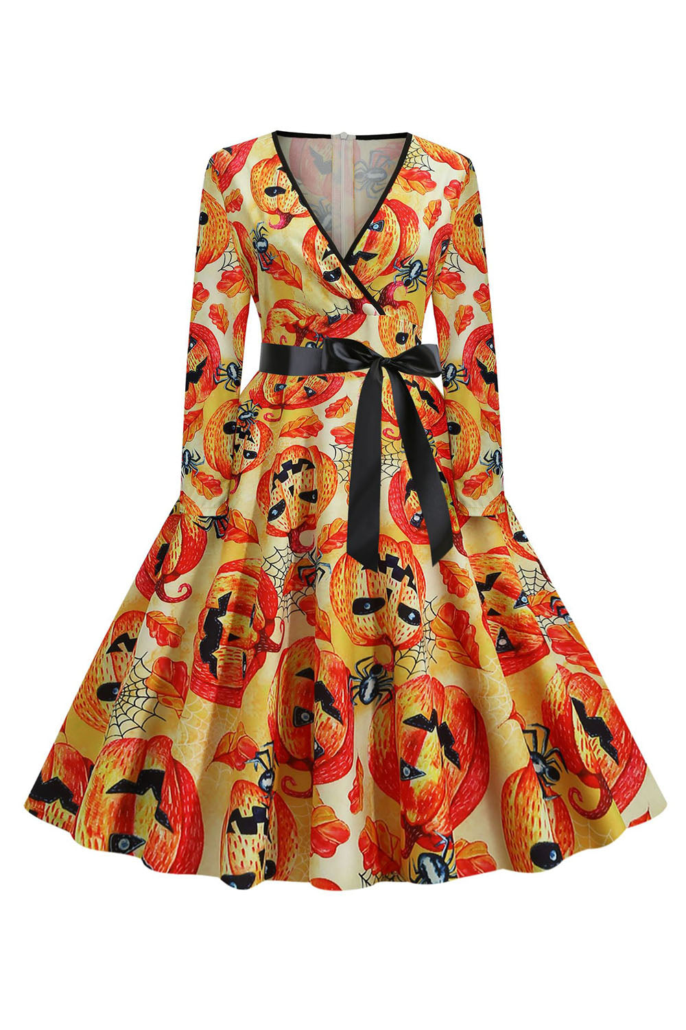 Orange Latern bedrucktes Halloween Vintage 1950er Jahre Kleid mit Ärmeln