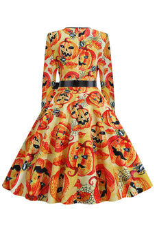 Orange Latern bedrucktes Halloween Vintage 1950er Jahre Kleid mit Ärmeln