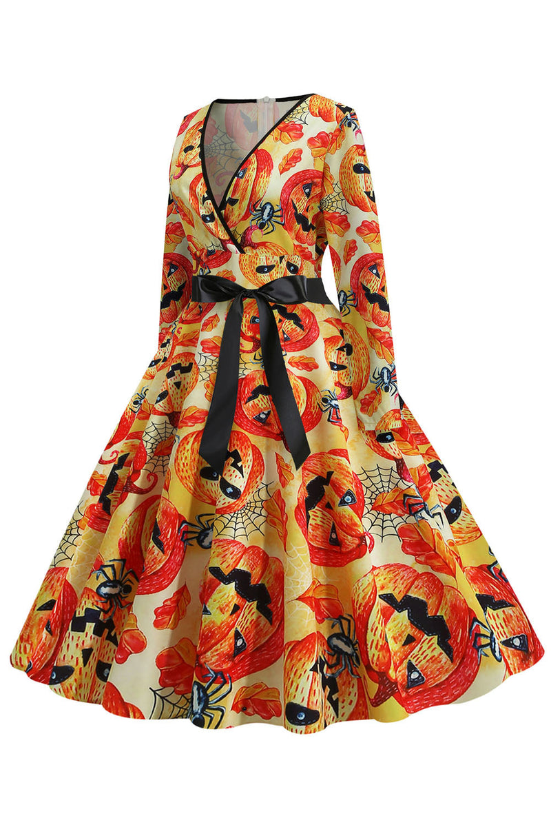 Laden Sie das Bild in den Galerie-Viewer, Orange Latern bedrucktes Halloween Vintage 1950er Jahre Kleid mit Ärmeln